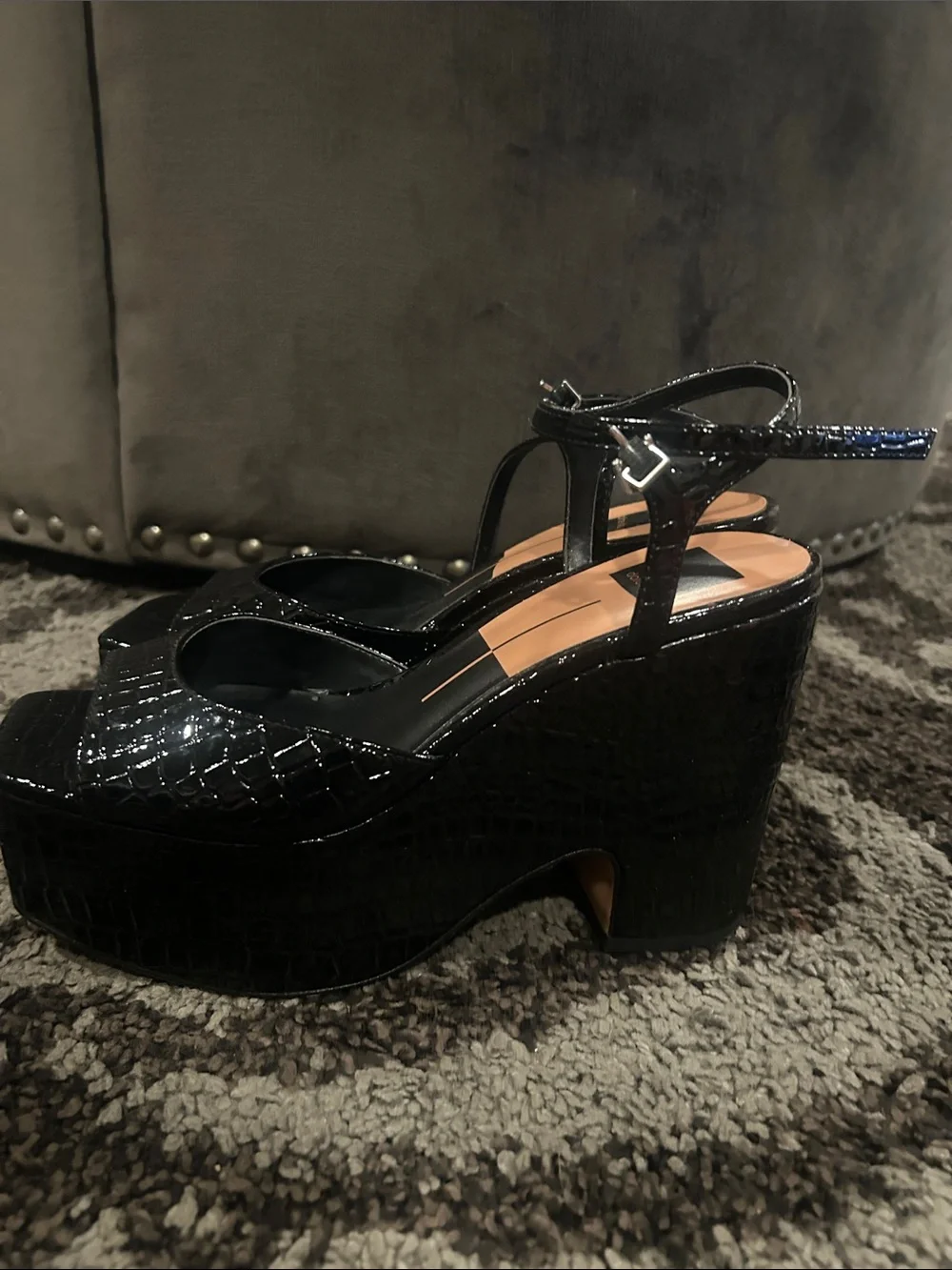 Dolce Vita Black Croc-Embossed Platform Slingbacks